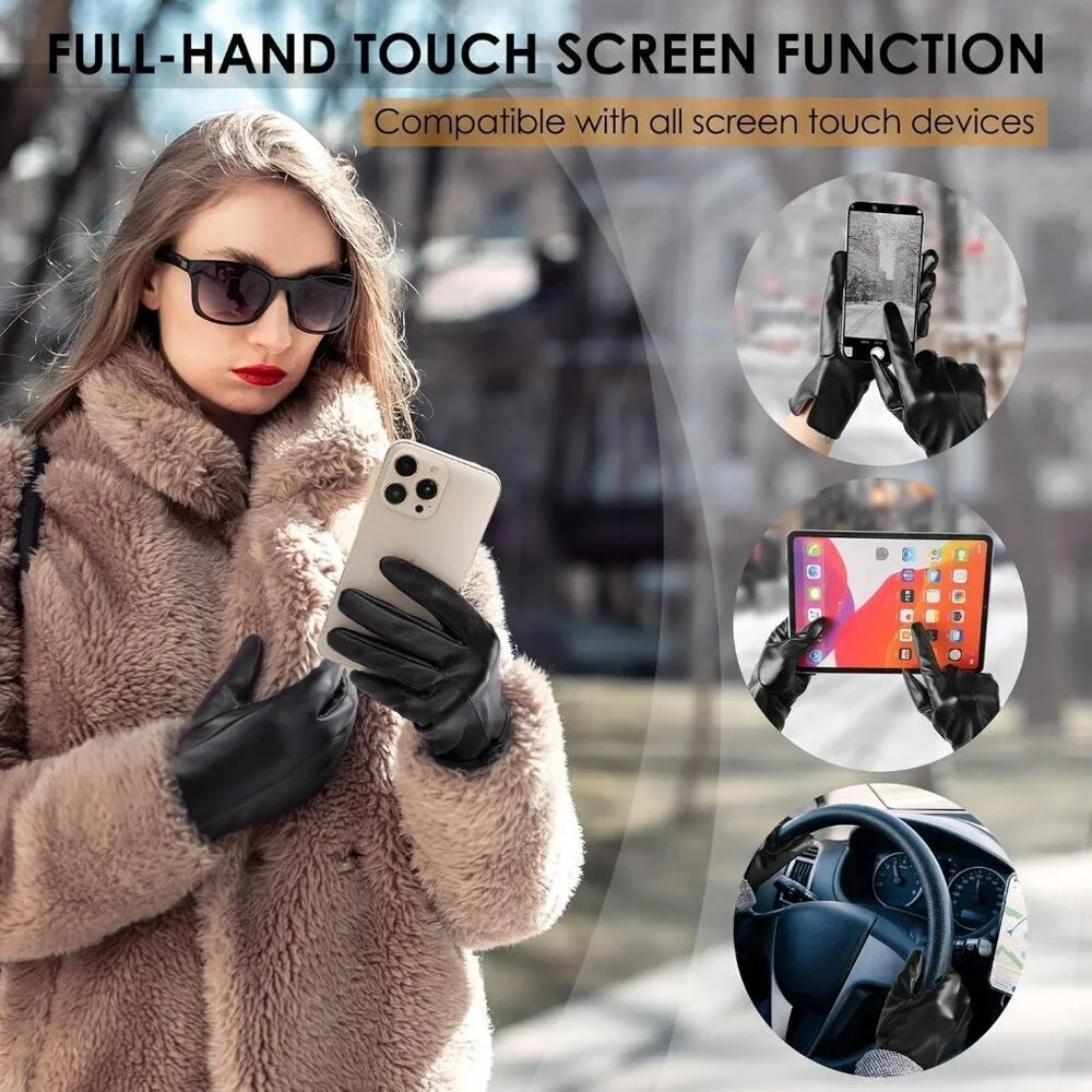 Women's black-medium Leather Winter Gloves Warm Touchscreen Cold Weather